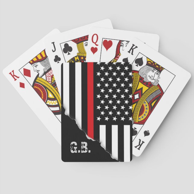 Torn Out Thin Red Line USA Flag Custom Initials Poker Cards (Back)