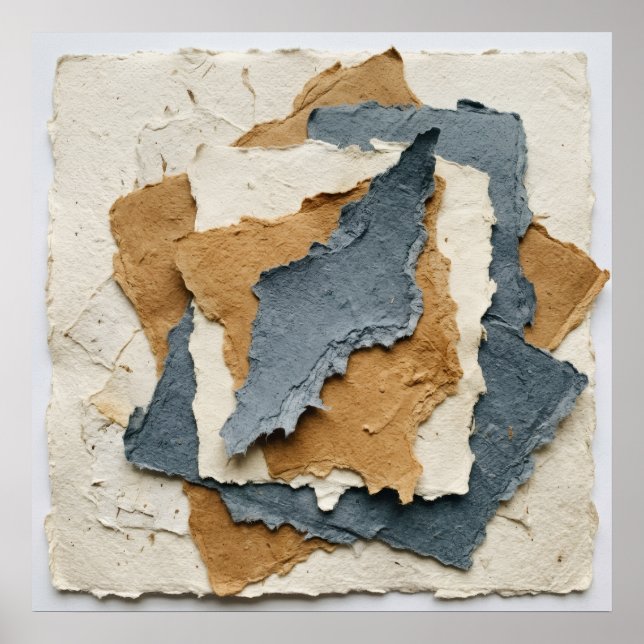 Torn Paper Abstract Collage Slate Blue Tan Neutral Poster (Front)