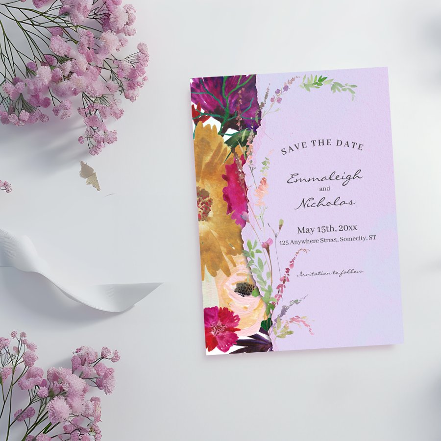 Torn Paper Bohemian Wildflowers Watercolor Wedding Save The Date