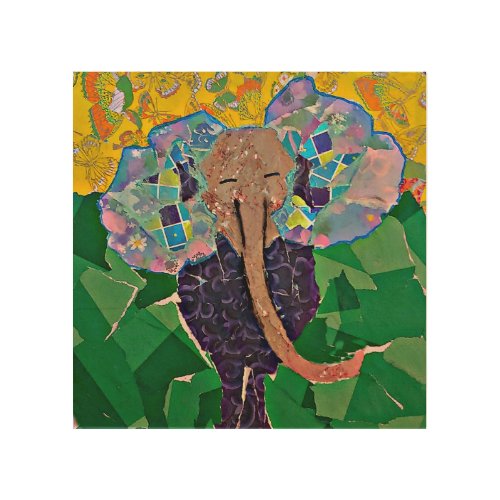 Torn Paper Collage Elephant Wood Wall Art