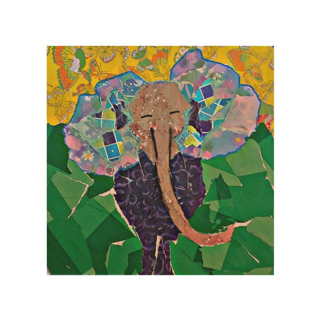 Torn Paper Collage Elephant Wood Wall Art (Front)