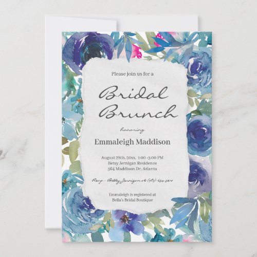 Torn Paper Mermaid Blue Floral Bridal Brunch Invitation