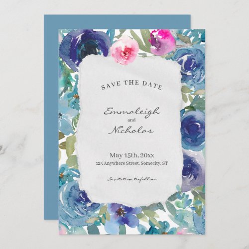 Torn Paper Mermaid Blue Floral Wedding Save The Date