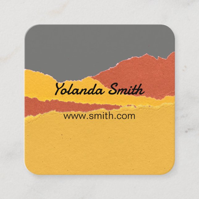  torn paper modern abstract art orange and gray square business card (Front)