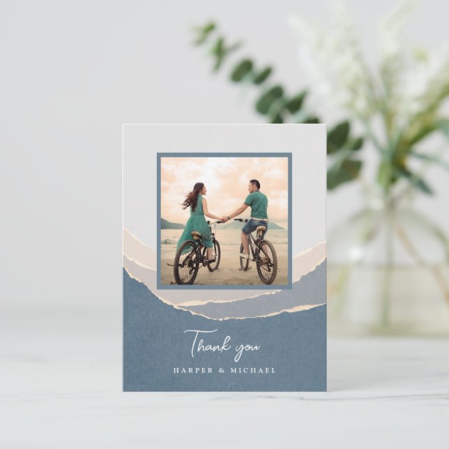 torn paper mountains wedding photo thank you postcard (Standing Front)