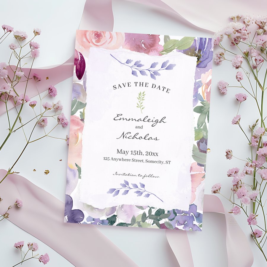 Torn Paper Pastel Lilac Floral Watercolors Wedding Save The Date