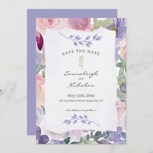 Torn Paper Pastel Lilac Floral Watercolors Wedding Save The Date