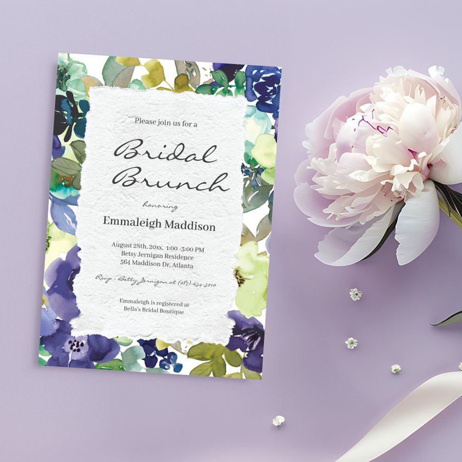 Torn Paper Purple Floral Watercolors Bridal Brunch Invitation