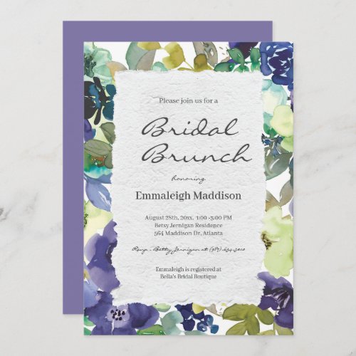 Torn Paper Purple Floral Watercolors Bridal Brunch Invitation