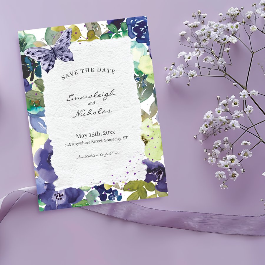 Torn Paper Purple Floral Watercolors Wedding Save The Date