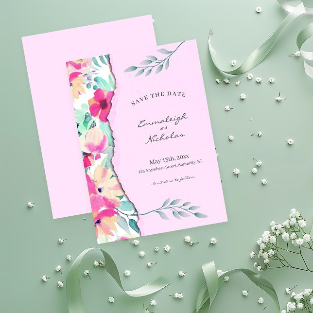 Torn Paper Tropical Floral Pink Wedding Save The Date (Creator Uploaded)