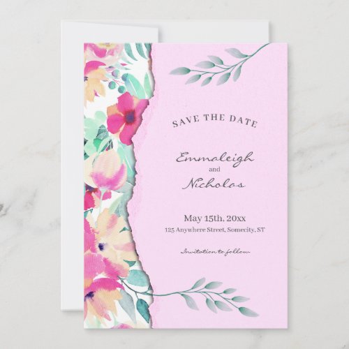 Torn Paper Tropical Floral Pink Wedding Save The Date