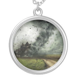 Tornado destroying house storm meteorology  silver plated necklace