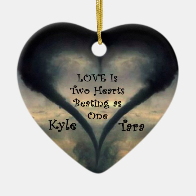 Tornado Heart Ornament with Names and Curlz font (Front)