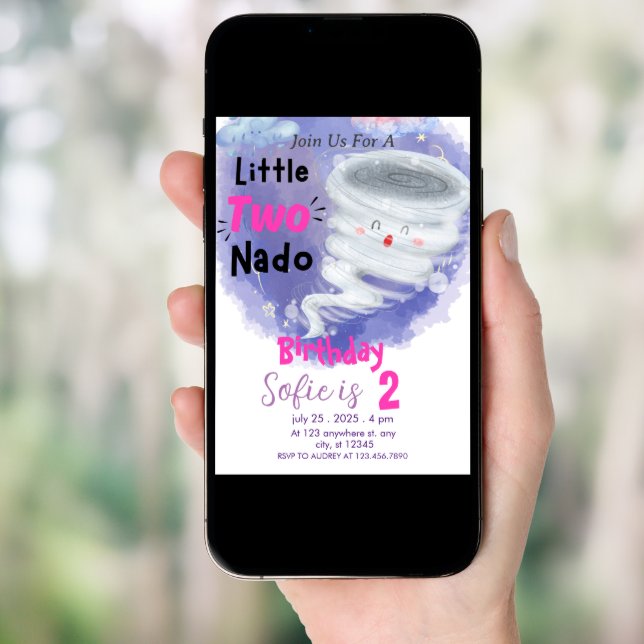 Tornado Pink Girls 2 Birthday Two-Nado Invitation  (Front Digital)