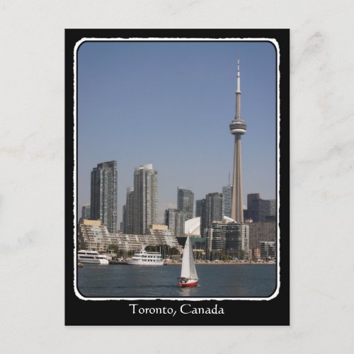 Toronto Harbour Skyline with Red Boat and border Postcard