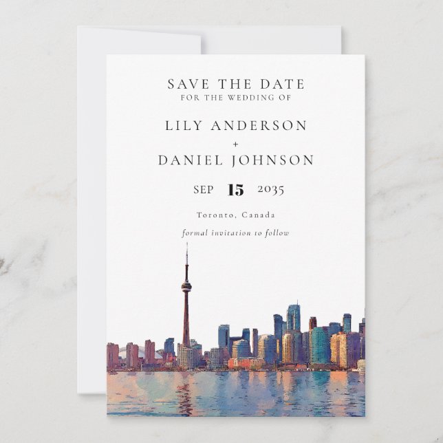 Toronto Skyline Watercolor Destination Wedding Save The Date (Front)