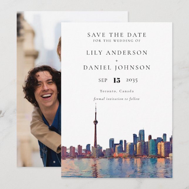 Toronto Skyline Watercolor Photo Wedding Save The Date (Front/Back)