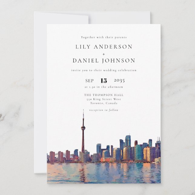 Toronto Skyline Watercolor QR Code Wedding Invitation (Front)