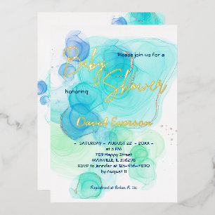 Torquoise & Soft Blue Watercolor- Real gold Foil Invitation