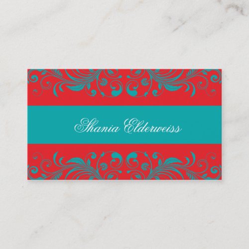 Torquoise &amp; Vermillion Damask Business Card