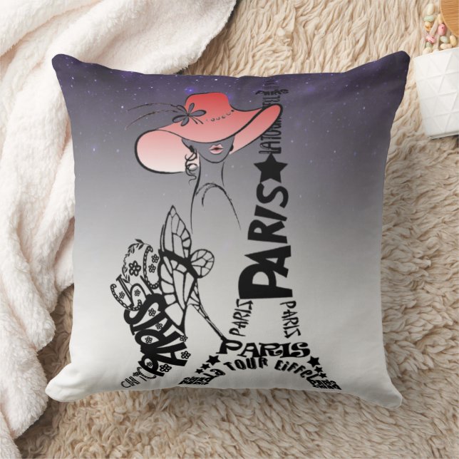 Torre Eiffel con caligrafía Throw Pillow (Blanket)