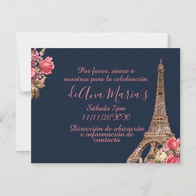 Torre Eiffel elegante lamentable de la Quinceanera Invitation (Back)