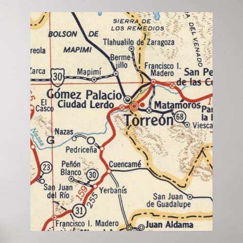 Torreon and Matamoros Mexico Vintage Map Poster