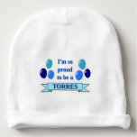 [ Thumbnail: Torres (Surname) - Blue Banner, Balloons Baby Beanie ]