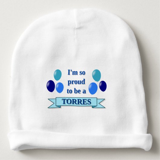 TORRES (Surname) - Blue Banner, Balloons Baby Beanie (Front)