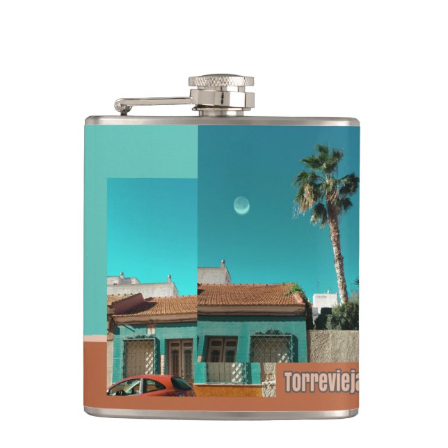 Torrevieja in Orange and Turqoise Flask (Front)