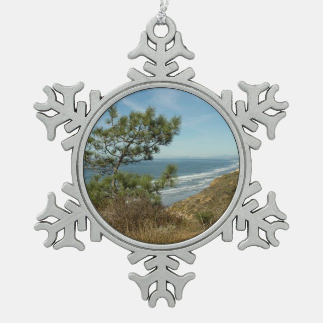 Torrey Pine and California Coastline Landscape Snowflake Pewter Christmas Ornament (Front)