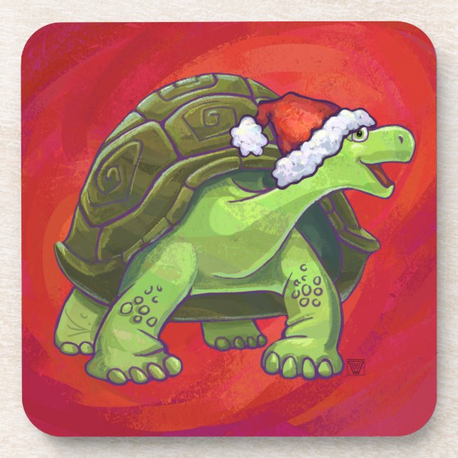 Tortoise Christmas On Red Beverage Coaster (Front)
