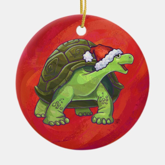 Tortoise Christmas On Red Ceramic Ornament (Front)