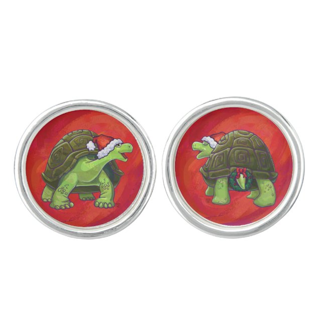 Tortoise Christmas On Red Cufflinks (Front)