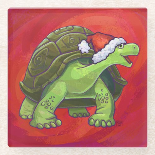 Tortoise Christmas On Red Glass Coaster