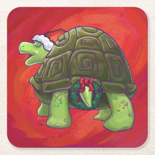 Tortoise Christmas On Red Square Paper Coaster