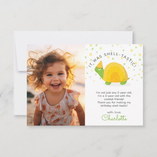Tortoise green yellow kids birthday photo thank you card