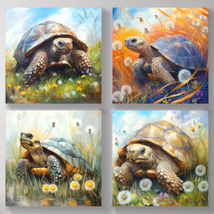 Tortoise in Dandelions Acrylic Photo Tile