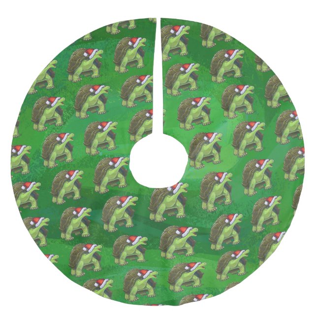 Tortoise in Santa Hat On Green Brushed Polyester Tree Skirt (Front)