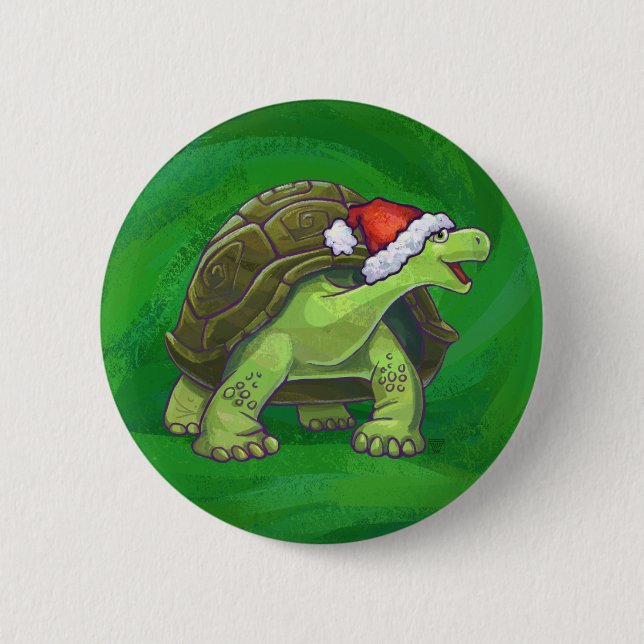 Tortoise in Santa Hat On Green Button (Front)