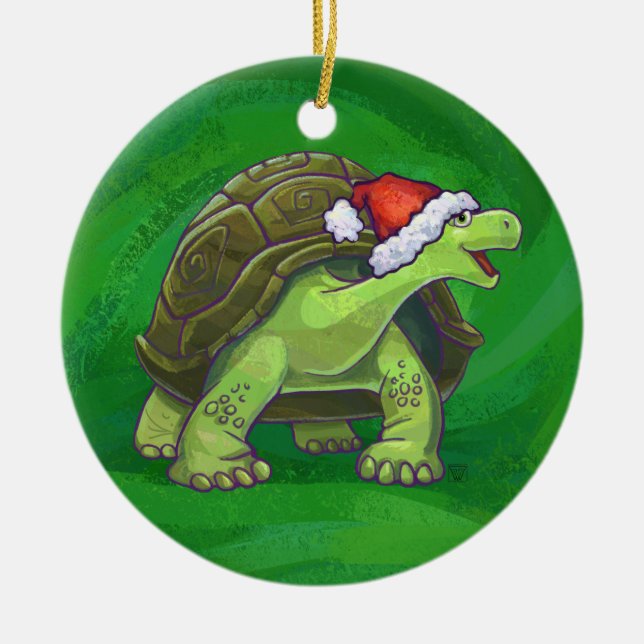 Tortoise in Santa Hat On Green Ceramic Ornament (Front)