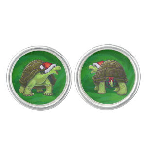 Tortoise in Santa Hat On Green Cufflinks