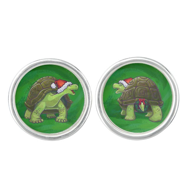 Tortoise in Santa Hat On Green Cufflinks (Front)