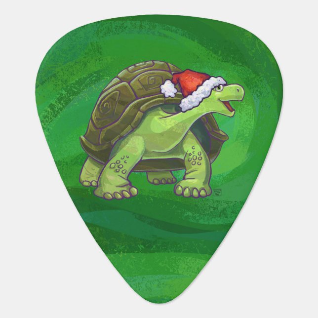 Tortoise in Santa Hat On Green Guitar Pick (Front)