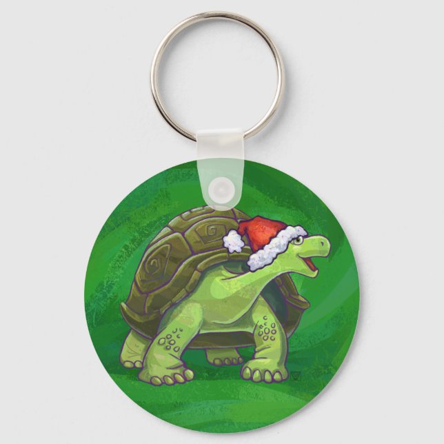 Tortoise in Santa Hat On Green Keychain (Front)