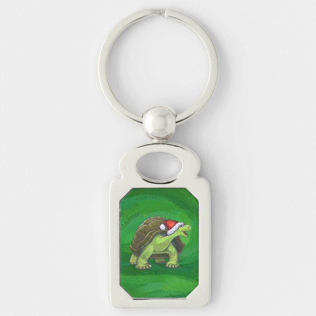 Tortoise in Santa Hat On Green Keychain (Front)