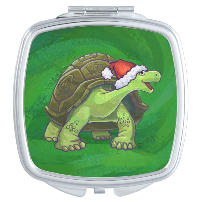 Tortoise in Santa Hat On Green Makeup Mirror (Front)