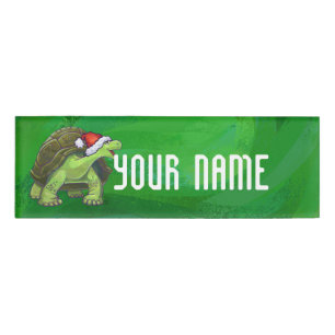 Tortoise in Santa Hat On Green Name Tag