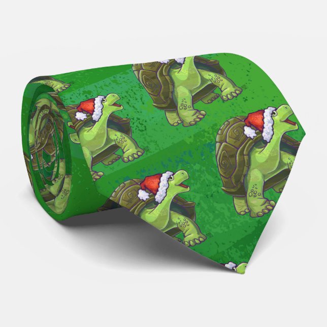 Tortoise in Santa Hat On Green Tie (Rolled)